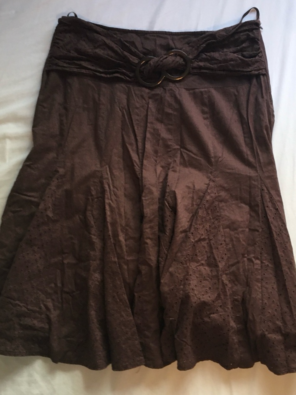 Brown A-Line Eyelet Skirt with Double-Ring Waist Detail